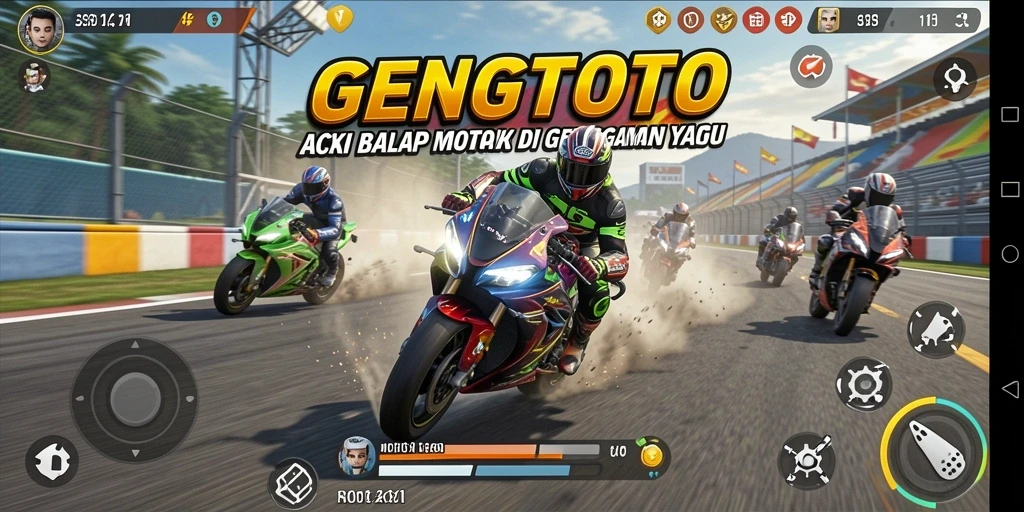 Screenshot GENGTOTO menampilkan aksi balap motor yang mendebarkan.