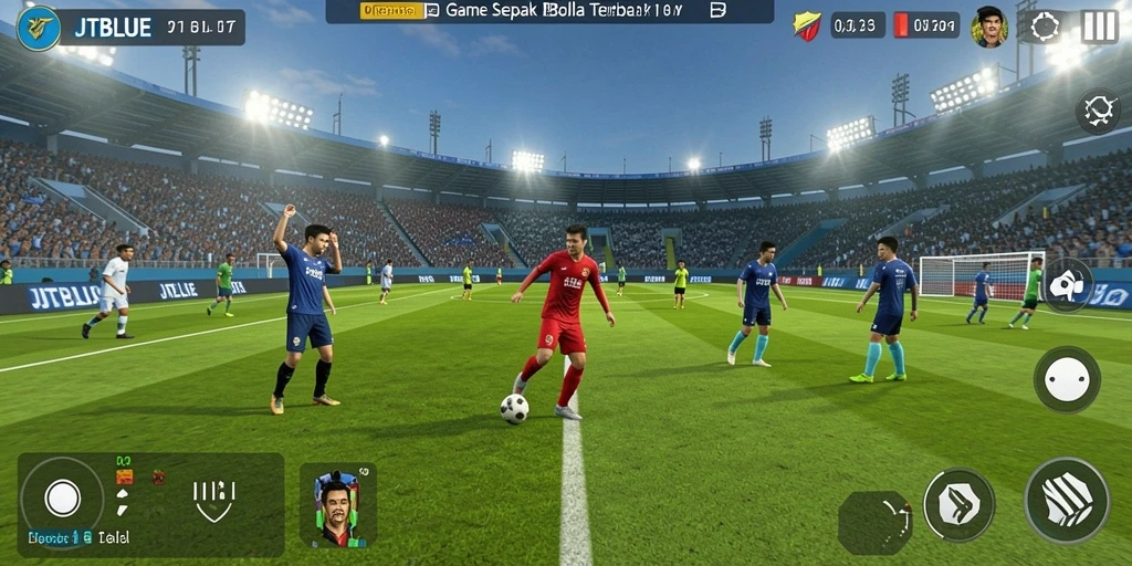 Screenshot JTBLUE menampilkan aksi pertandingan sepak bola yang seru.