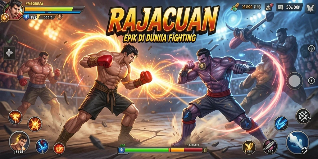 Tampilan pertarungan seru dalam RAJACUAN dengan karakter yang berbeda.